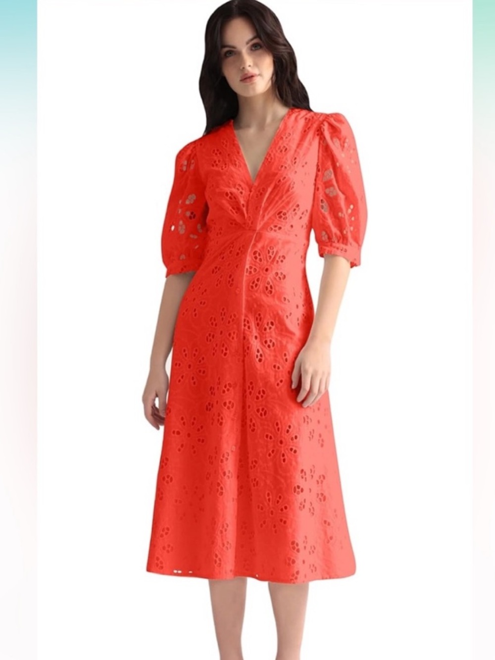 Maggy London V Neck Twisted Front Eyelet MIDI Dress